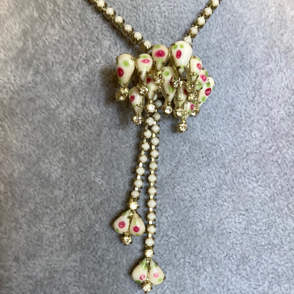 Vintage White and Pink Floral Bead Drop Necklace